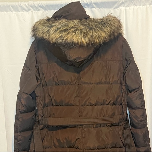 Michael Kors Brown Long Puffer Coat Belted Gold Logo Accents Women's Size L - Picture 2 of 11